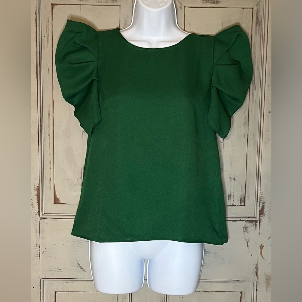 Shein Green Flutter sleeve blouse shirt xs kelly green preppy summer